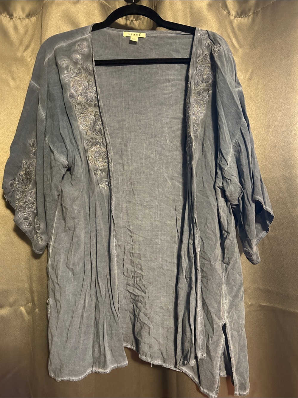 miami Dusty Blue Embroidered Linen Kimono Robe